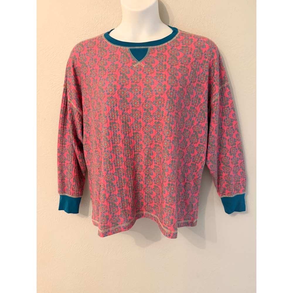 Natural Life Womens M Floral Waffle Knit Top Pink Teal Long Sleeve Thermal Shirt